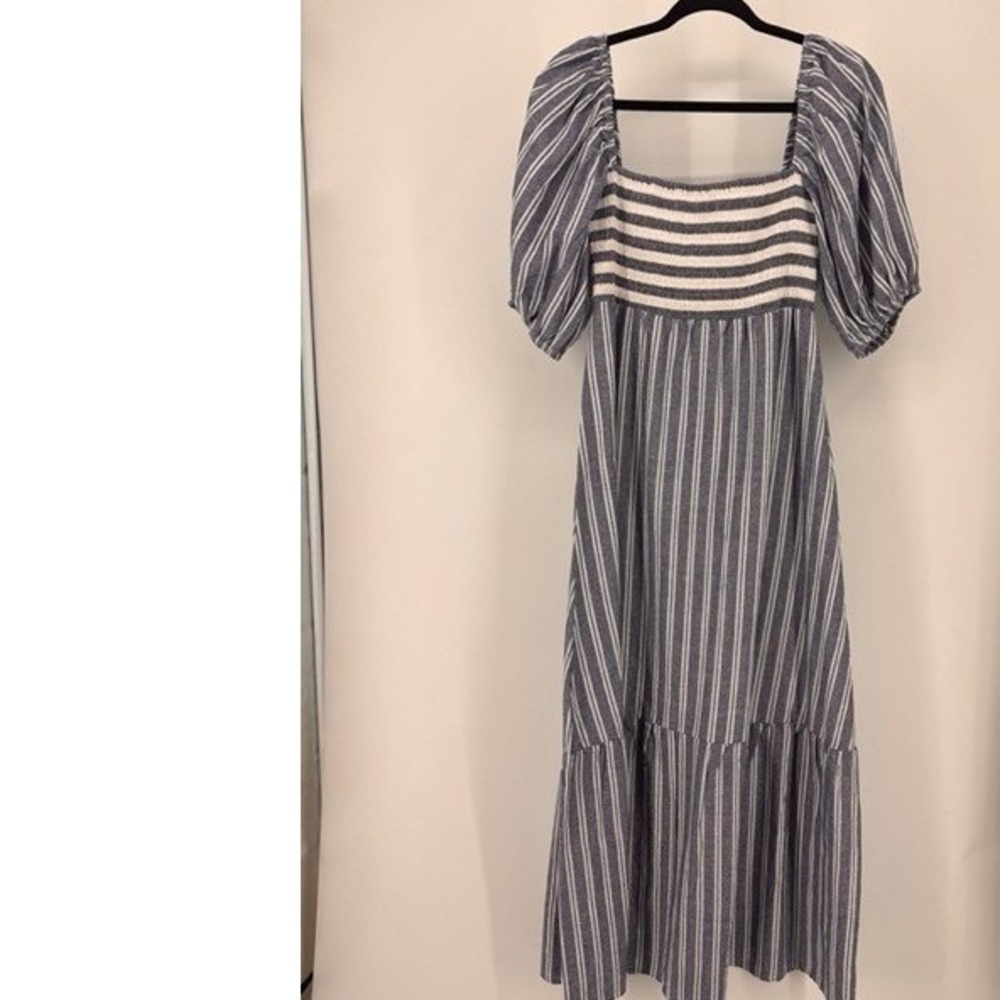 Love Tomas Emerson Fry NEW Striped Blue White Smocked Puff Sleeve Dress MEDIUM - Picture 2 of 9